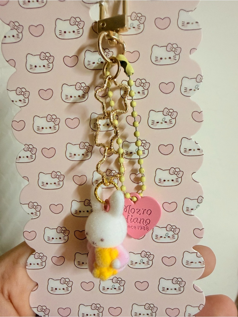 miffy White Fuzzy Bunny Keychain with Pink Tag and Yellow Accents